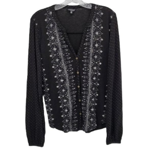 Lucky Brand Womens Small Black White Floral Button Up‎ V Neck Long Sleeve Shirt